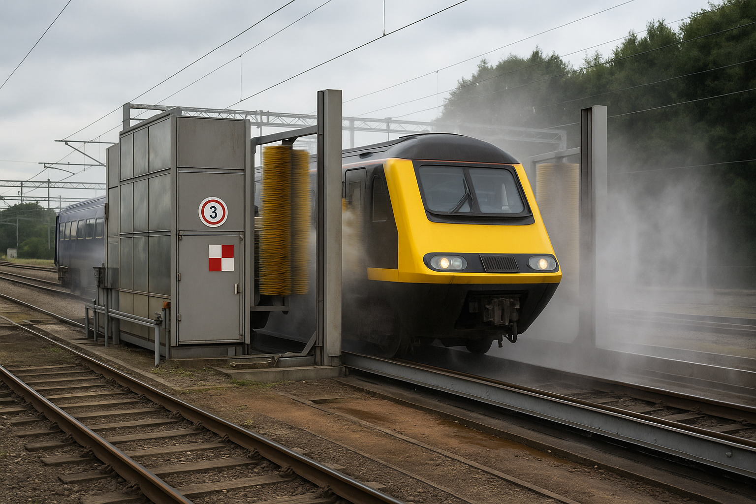 a yellow and black train moving through a train cleaning machine on the tracks