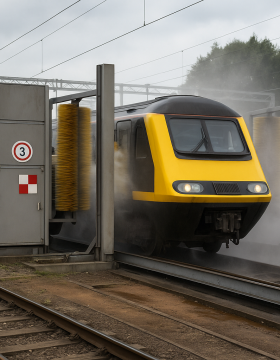 a yellow and black train moving through a train cleaning machine on the tracks